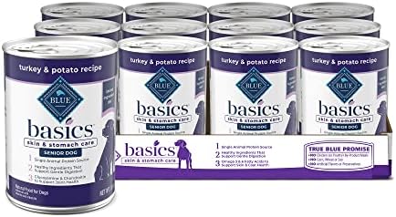  Blue Buffalo Basics Skin & Stomach Care, Grain Free Natural Senior Wet Dog Food, Turkey 12.5-oz Cans (Pack Of 12)