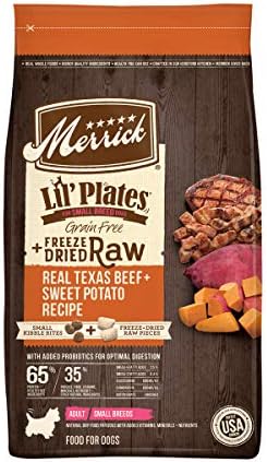  Merrick Lil' Plates Small Breed Dog Food, Grain Free Real Texas Beef And Sweet Potato With Raw Bites Recipe, Small Dog Food - 4 Lb. Bag