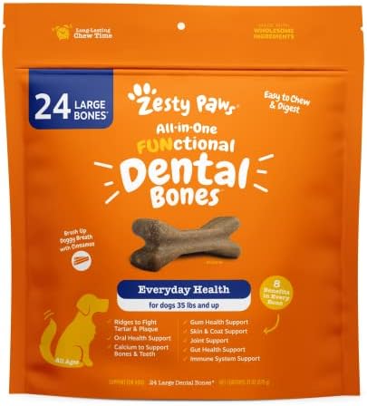  Zesty Paws Dental Bones For Large Dogs - Fights Tartar & Plaque - Gum, Teeth & Bone Health - Cinnamon For Dog Breath - Immune, Joint, Gut, Skin & Coat Support - Omega 3 EPA & DHA And Calcium - 8 Ct