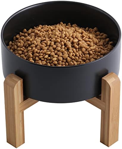  Addogyy Black Elevated/Raised Dog Bowl Ceramic With Wood Stand For Medium Large Breed,Dog Food Water Dish Heavy Wighted, Non Slip Modern Cute Porcelain Pet Bowl Extra Large