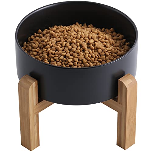  Addogyy Black Elevated/Raised Dog Bowl Ceramic With Wood Stand For Medium Large Breed,Dog Food Water Dish Heavy Wighted, Non Slip Modern Cute Porcelain Pet Bowl Extra Large