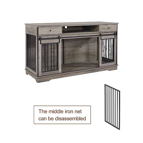  Tmsan Large Dog Crate Furniture, 66" Heavy Duty Wood Dog Kennel With Divider & Drawers, Indoor Dog House Cage For 2 Medium Dogs, End Table TV Stand
