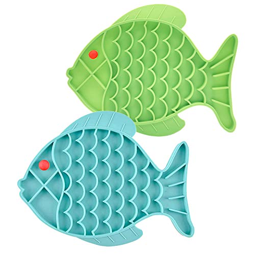  DLDER Cat Slow Feeder,2 Pack Fish-Shaped Cat Lick Treat Mat For Cats Dogs Anxiety Relief, Cat Puzzle Feeder Cat Bowl, Fun Alternative To Slow Feeder Cat Bowl (Blue And Green).