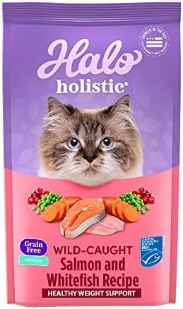  Halo Holistic Indoor Cat Food Dry, Grain Free Wild-caught Salmon & Whitefish Recipe For Healthy Weight Support, Complete Digestive Health, Dry Cat Food Bag, Adult Formula, 6-lb Bag