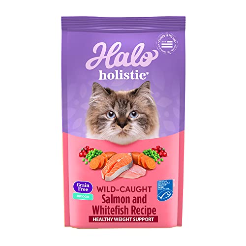  Halo Holistic Indoor Cat Food Dry, Grain Free Wild-caught Salmon & Whitefish Recipe For Healthy Weight Support, Complete Digestive Health, Dry Cat Food Bag, Adult Formula, 6-lb Bag