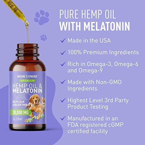  Nature's Synergy Melatonin And Hemp Oil For Dogs, Cats & Pets, Calming Sleep Support, Omega Fatty Acids For Hip And Joint Support, Skin And Coat Health, Stress From Travel, Separation, 2 Pack, 1 Oz