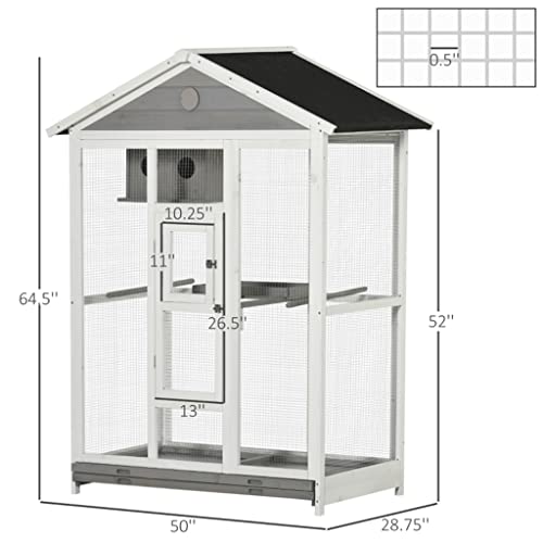  ACQUIRE Bird Cage Wooden Aviary House With Standing Pole Nest Slide-Out Tray, Grey 50" L X 28.75" W X 64.5" H