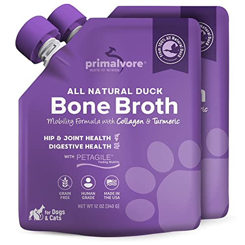  Primalvore All-Natural Duck Bone Broth For Dogs&Cats, Mobility Formula W/Collagen Peptides Supports Hip & Joints, Digestion, Skin&Coat And Hydration, Grain Free, Human Grade, Made In USA. Duck 2 Pack