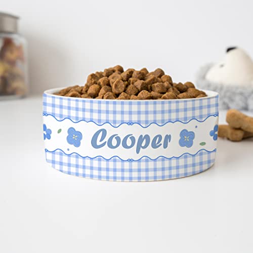 GENERIC Personalized Flowers With Blue Plaid Pattern Pet Bowl, Dog Name Bowl, Cat Name Bowl, Gift For Pets, Ceramic Bowl