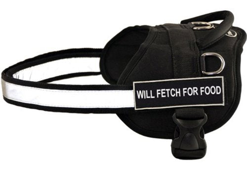  DT Works Fun Harness, Will Fetch For Food, Black/White, XX-Small - Fits Girth Size: 18-Inch To 21-Inch