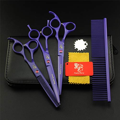  Pet Grooming Scissors Upscale Cat Dog 3 Pcs Set Purple Paint Professional Trimmer Kit Premium 7.0 Inch 6CR Steel Beauticians Straight Cutting & Thinning & Curved Shears Combs
