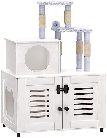  EasyCom Litter Box Enclosure, Hidden Cat Tree Tower Furniture For Indoor House, Modern Wooden All-in-one Cat Litter Cabinet With Scratching Post And Condo, White