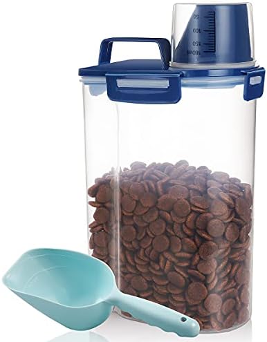  Kytely Upgraded Airtight Pet Food Storage Container, Small Dog Food Container With Measuring Cup, Cat Food Storage Container With Pour Spout, 4 Seal Buckles Food Dispenser for Regular Food, Dogs, Cats, Birds (White)