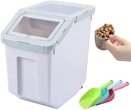  YXQ Dog Food Storage Container Airtight Box Grey,10kg Bulk Dry Food Grain Storage Barrels Sealed Bucket,Pets Food Bin With Seal Locking Lid, Wheels,Measuring Cup,1pcs Scoops(Random Color)…