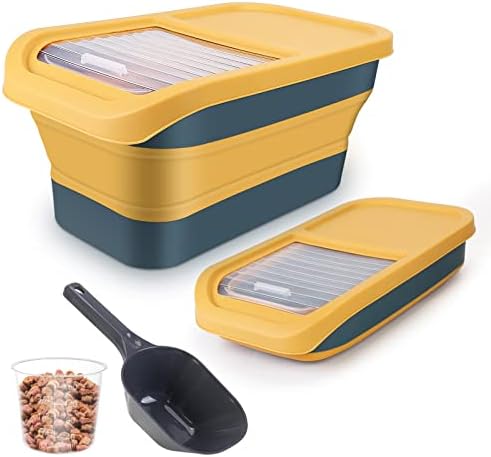  ShineMe Collapsible Dog Food Container, 13 LB Foldable Pet Food Storage Containers With Lids, Airtight Cat Food Containers With Measuring Cup And Scoop, Kitchen Rice Cereal Containers, Yellow