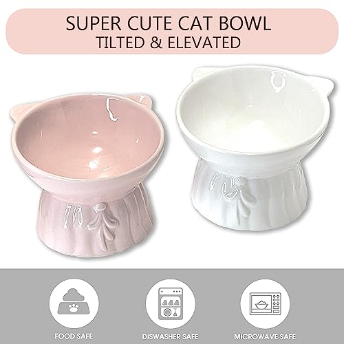  Cat Food Bowls Elevated Tilted, Cute Ceramic Cat Food Bowls, Elevated Cat Food Bowl Whisker Friendly, Anti Vomit & Reduce Neck Burden, Raised Cat Bowl For Food And Water (Pink)