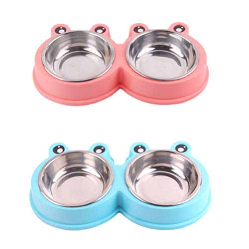  POPETPOP Stainless Steel Cat Bowls Stainless Steel Cat Bowl Pet Double Bowls Frog Shape Dog Cat Food Bowl Stainless Steel Dishes For Cat Dog Kitten Pet Supplies (Blue,) 2pcs Stainless Steel Cat Bowl