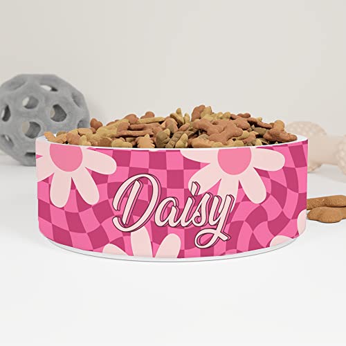 GENERIC Pet Bowl Cat Dog Bowls, Daisy Pink Checkered Pattern Bowl, Ceramic Dog Cat Pet Bowls Available In Two Sizes