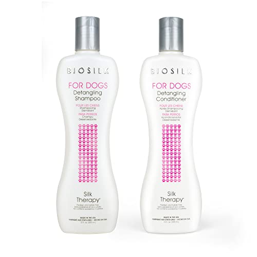  BioSilk For Dogs Silk Therapy Detangling Shampoo And Conditioner Bundle, 12 Fl Oz Each | Matted Hair Dog Detangler, Dog Detangling Shampoo & Conditioner | Sulfate And Paraben Free, Made In The USA