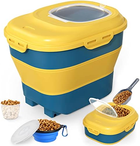  Collapsible Dog Food Storage Container, Dog Food Container 30 LB, Airtight Pet Food Storage Container With Folding Bowl, Measuring Cup, Scoop & Wheels, 50 Lb Kitchen Food Storage Bin For Dog Treats