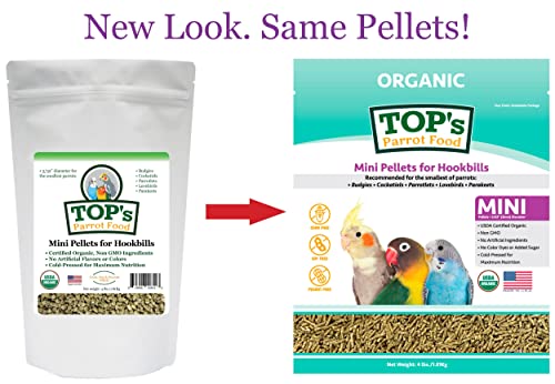  TOP's Parrot Food Mini Pellets Bird Food For Budgies, Cockatiels, Parrotlets, Lovebirds, Parakeets - Non-GMO, Peanut Soy & Corn Free, USDA Organic Certified - 4LBS