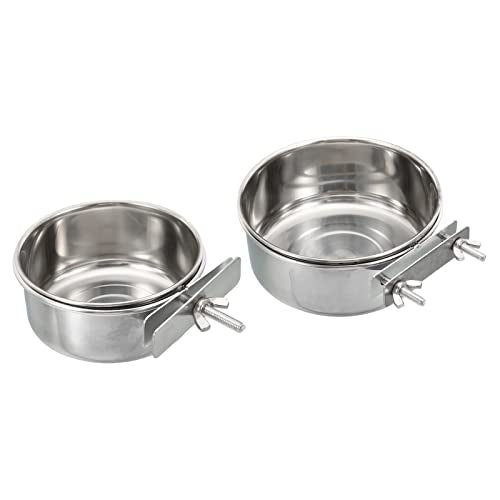  PATIKIL Bird Feeding Dish Cup, 1 Set Stainless Steel Parrot Cage Feeder Water Bowl With Clamp Holder For Small Animals, Silver Tone