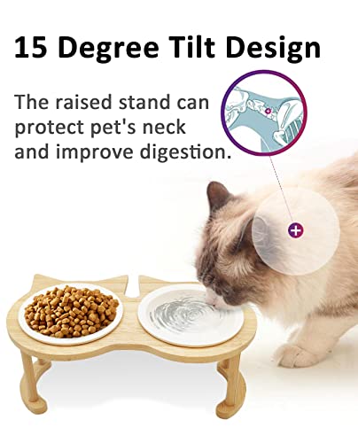  BNOSDM Elevated Ceramic Cat Bowls For Foods Water Raised Kitty Dishes Wooden Stand Tilted Set Weighted Pet Food Dish Orthopedic Anti Vomiting Pet Feeder For Small Cats Puppy