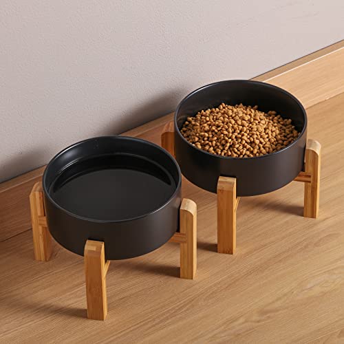  Addogyy Black Elevated/Raised Dog Bowl Ceramic With Wood Stand For Medium Large Breed,Dog Food Water Dish Heavy Wighted, Non Slip Modern Cute Porcelain Pet Bowl Extra Large