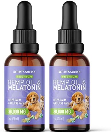  Nature's Synergy Melatonin And Hemp Oil For Dogs, Cats & Pets, Calming Sleep Support, Omega Fatty Acids For Hip And Joint Support, Skin And Coat Health, Stress From Travel, Separation, 2 Pack, 1 Oz