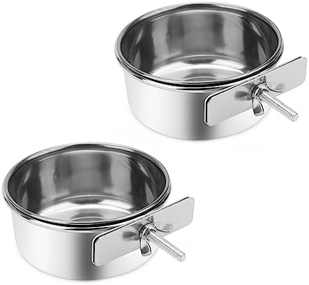  Wontee Pet Food Water Bowl With Clamp Holder Stainless Steel Feeding Cups Feeder For Dog Bird Parrot Cat Rabbit, 2 Packs (M)