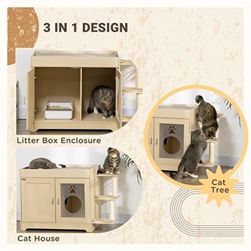  ACQUIRE 3 In 1 Litter Box Enclosure Hidden Kitty House Cat Tree, Cat Washroom Storage Bench With Double Doors, Multiple Layers