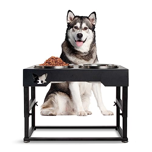  Raised Dog Bowl, Elevated Dog Bowl Adjustable To 3 Heights (9.9", 12", 16") With 2 Stainless Steel Dog Bowls For Small, Medium & Large Dogs Storing Food And Water, Black