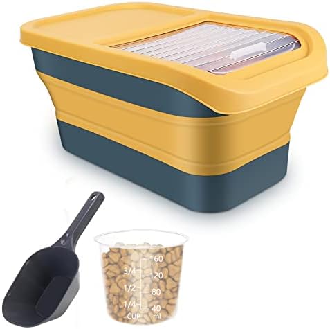  Collapsible 13LB Dog Food Storage Container With Transparent Sliding Lid,Pet Moisture-Proof Folding Rice Plastic Bin With Measuring Cup And Scoop Suitable For Storing Oat Millet Macaroni Corn（Khaki）