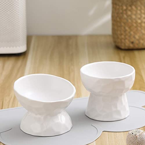  White Ceramic Cat Food And Water Bowl Set ,Cat Food Dish With Stand,Elevated Cat Bowls ,Raised Cat Food Bowls Anti Vomiting,Pet Bowl With Anti Slip Mat,Stress Free For Cats And Small Dogs