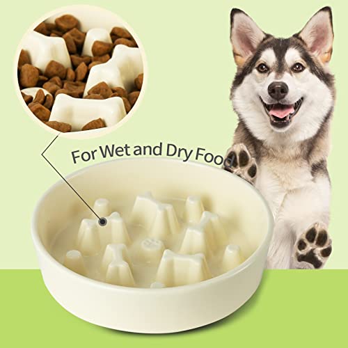  8.25'' Ceramic Slow Dog Bowl With Elevated Metal Stand, 1.75 Cups Non-Slip Puzzle Raised Dog Bowl Feeder, Slow Down Eating Anti-Choking Food Bowl Dish For Small And Medium & Large Dogs - Beige Color