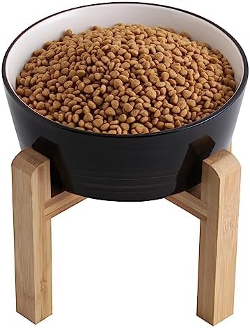  Addogyy Black Elevated/Raised Dog Bowl Ceramic With Wood Stand For Medium Large Breed,Dog Food Water Dish Heavy Wighted, Non Slip Modern Cute Porcelain Pet Bowl Extra Large Wide Mouth