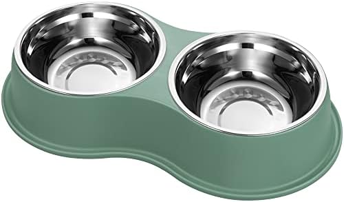  Dog Bowls Double Dog Water And Food Bowls Stainless Steel Bowls With Non-Slip Resin Station, Pet Feeder Bowls For Puppy Medium Dogs Cats (Green)