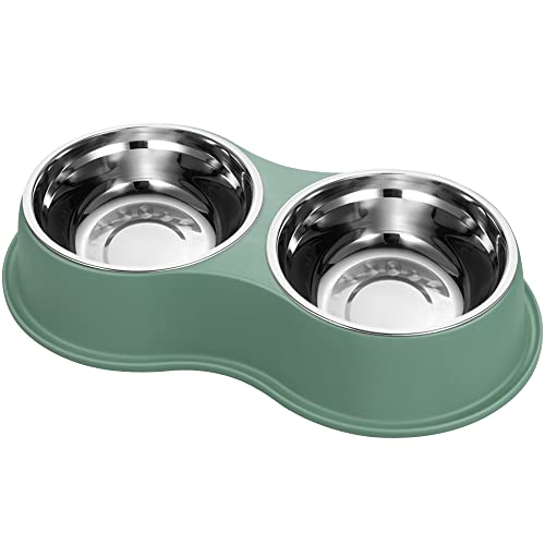 Dog Bowls Double Dog Water And Food Bowls Stainless Steel Bowls With Non-Slip Resin Station, Pet Feeder Bowls For Puppy Medium Dogs Cats (Green)