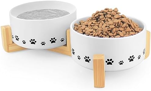  Ptlom Ceramic Pet Bowl For Dogs And Cats, Raised Dog Food And Water Bowl Set With Anti-Slip Wooden Stand, Weighted Pets Dish Feeding Bowls Suitable For Small, Medium, And Large Cat Dog, Beige, 28 Oz