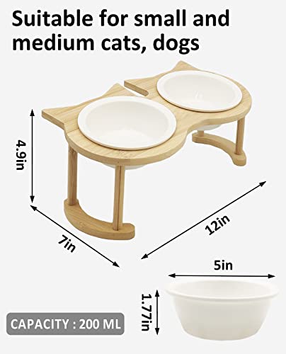  BNOSDM Elevated Ceramic Cat Bowls For Foods Water Raised Kitty Dishes Wooden Stand Tilted Set Weighted Pet Food Dish Orthopedic Anti Vomiting Pet Feeder For Small Cats Puppy