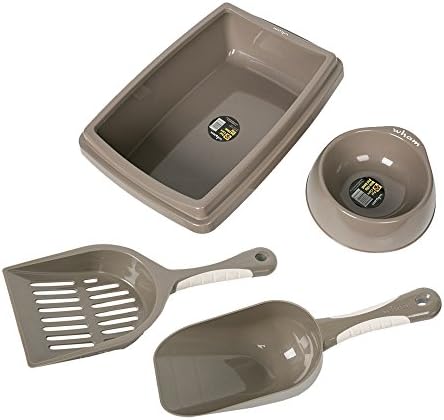  Lucky Tree 3 Color Cat Litter Pan Litter Box Plastic Cat Food Bowl With Scoop Shovel, 4Pcs Pet Supplies Set For Cats