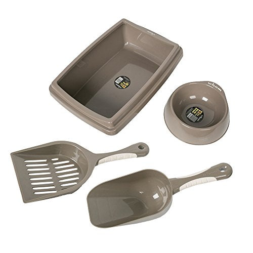  Lucky Tree 3 Color Cat Litter Pan Litter Box Plastic Cat Food Bowl With Scoop Shovel, 4Pcs Pet Supplies Set For Cats