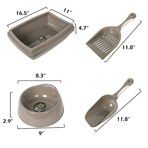  Lucky Tree 3 Color Cat Litter Pan Litter Box Plastic Cat Food Bowl With Scoop Shovel, 4Pcs Pet Supplies Set For Cats