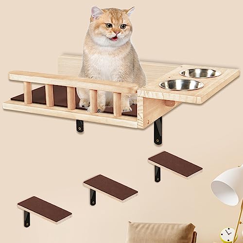  Loninak Cat Wall Shelves, Cat Feeding Shelf With Steps - Include Cat Food Shelf, 2 Cat Food Bowl And Cat Ladder, Wall Mounted Cat Shelf, Cat Furniture Wall For Playtime And Relaxation