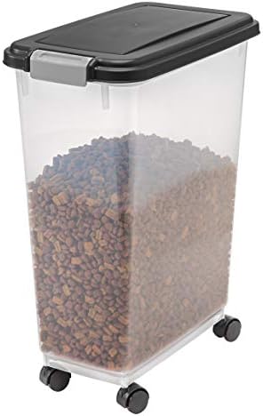  IRIS USA 50Lbs./69Qt. WeatherPro Airtight Pet Food Storage Container With Attachable Casters, For Dog Cat Bird And Other Pet Food Storage Bin, Keep Fresh, Translucent Body, Easy Mobility, Navy