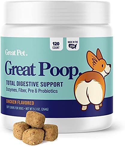 Great Poop Probiotics For Dogs - A Fiber For Dogs Supplement With Dog Probiotics And Digestive Enzymes For A Healthy Gut, Firm Stool & Diarrhea Relief - Chicken Flavored Pet Soft Chews With Prebiotics