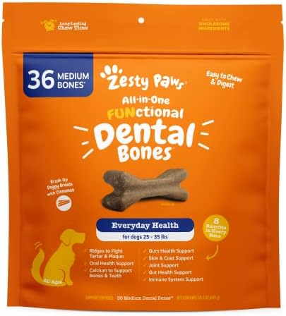  Zesty Paws Dental Bones For Large Dogs - Fights Tartar & Plaque - Gum, Teeth & Bone Health - Cinnamon For Dog Breath - Immune, Joint, Gut, Skin & Coat Support - Omega 3 EPA & DHA And Calcium - 8 Ct