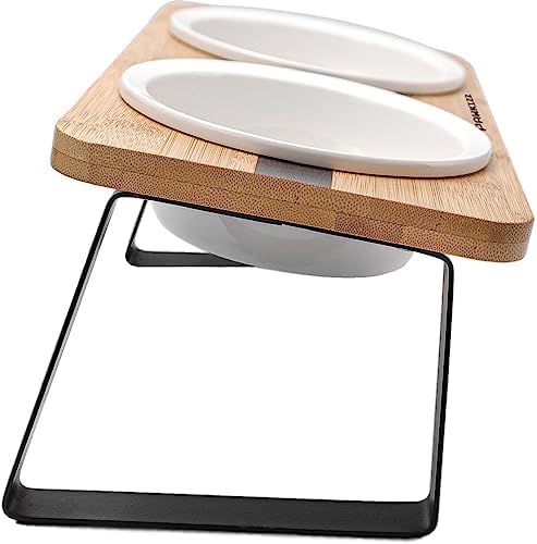  Elevated Cat Ceramic Bowls Stand For Food And Water, Small Dog, Anti Vomit, Indoor Cats, Tilted Feeding Position, Full Bamboo Body Stand With Food Grade, Whisker Friendly Dish For Cats And Puppy
