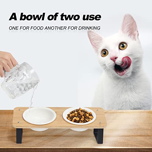  Elevated Cat Food Bowl, Ceramic Cat Bowls With Stand 15° Tilted Raised Cat Bowl For Food And Water Bamboo Cat Feeding Station Elevated Cat Bowl With 5.1 Inch Diameter For Cats And Puppy (Ceramic Bowl)
