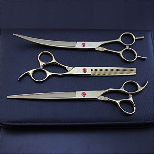  Professional 8.0 Inch Golden Hairdressing Scissors Set Pet Grooming Cutting Premium Steel Kit Straight & Thinning & Curved Shears 3 Pcs Set For Cat Dog Teddy And More Pets Clean Hair Tool